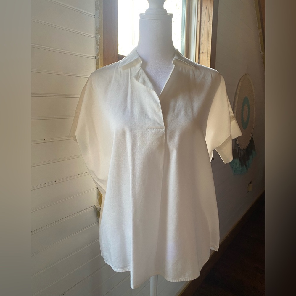 Madewell White Cotton Split Neck Short Sleeve Top